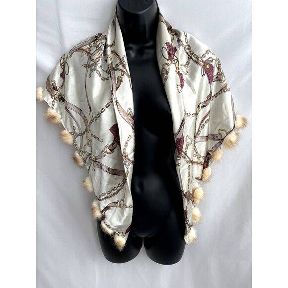 Satin Silky Fur Trim Scarf One Size Chains Equestrian Luxury Classy Classic Wrap - Picture 1 of 5